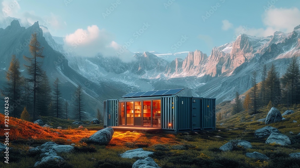 shipping container turned into a solar-powered small home. AI Generate - obrazy, fototapety, plakaty 