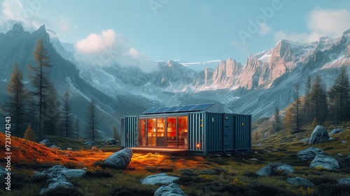 shipping container turned into a solar-powered small home. AI Generate photo