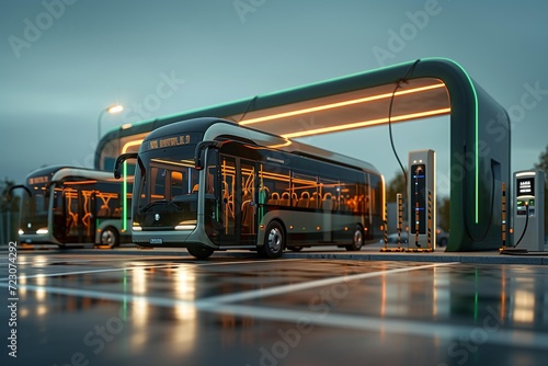 Eco-friendly urban transport with electric buses in the charging stations. AI Generate