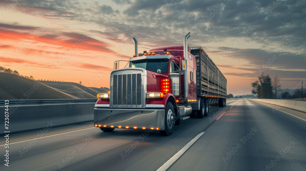 American style truck on freeway pulling load. Transportation theme. Road cars theme.