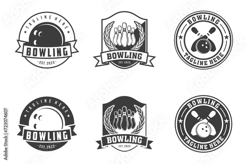 vector set of bowling badge logos, emblems set collection and design elements, monochrome style bowling logo