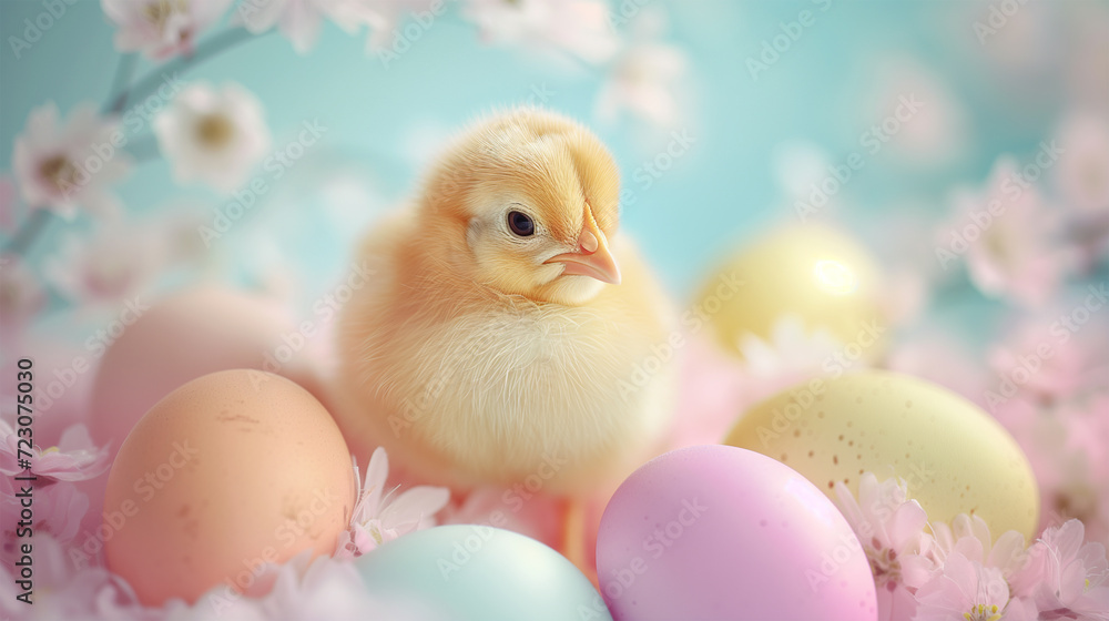Adorable Fluffy Easter Chicken Surrounded by Pastel Eggs, Blossoms. The Joy of Spring. Easter Background.