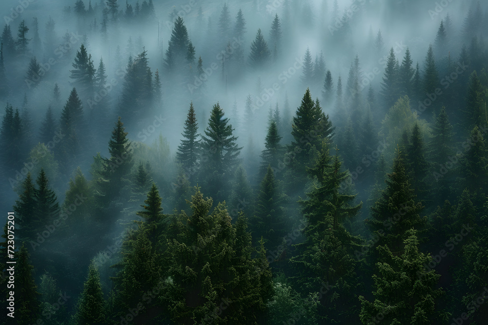 A misty mountain landscape with a forest of pine trees in a vintage retro style. The environment is portrayed with clouds and mist, creating a vintage and atmospheric imagery of a tree covered forest.