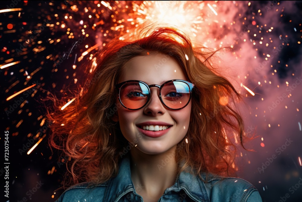 Portrait of a stylish girl in sunglasses on the background of fireworks. Glamour and Luxury	