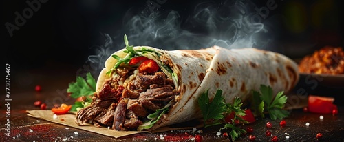 fresh grilled donner or shawarma beef wrap roll hot ready to serve and eat as wide banner with copyspace area - Generative AI photo