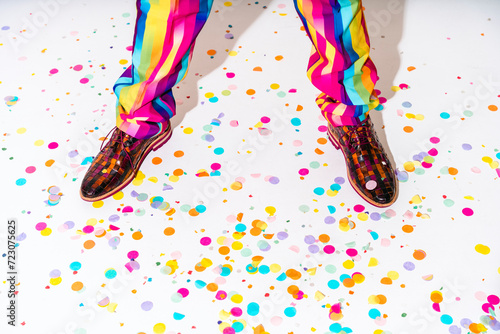 Man standing over confetti on white floor photo