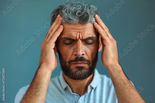 Middle eastern man experiencing a headache, urban downsizing picture photo