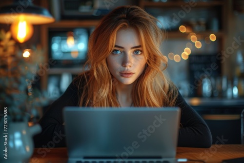 Woman sitting at table with laptop, urban downsizing image