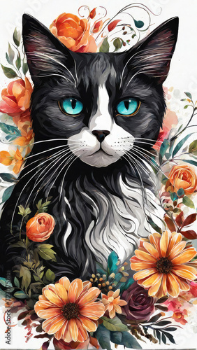 Vector floral theme face of a black cat with white background