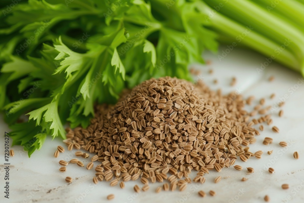 celery seeds on a table next to celery plant celery seeds on a table next to celery plant