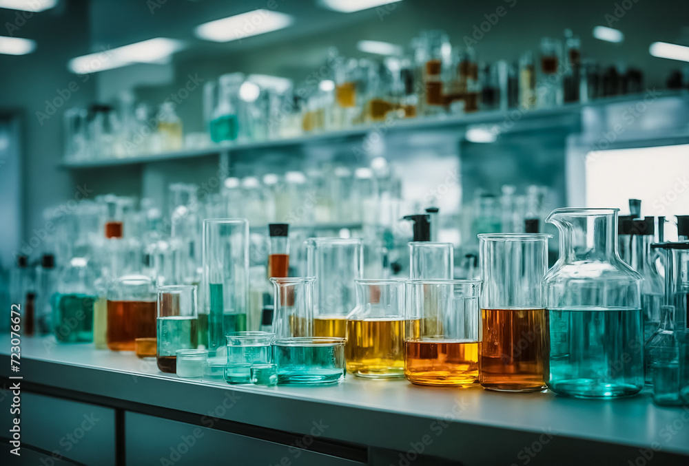 Assortment of laboratory glassware such as beakers, test tubes, and petri dishes, displayed on a sterile laboratory bench. Medical and laboratory concept Assortment of laboratory glassware such as beakers, test tubes, and petri dishes, displayed on a sterile laboratory bench. Medical and laboratory concept
