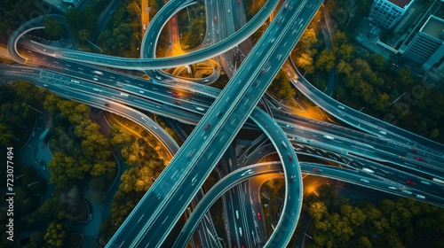 Arial top view of Modern transportation with Expressway, Road and Roundabout, multilevel junction highway-Top view. Important infrastructure. photo
