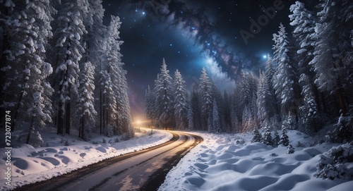 snow covered road in winter and galaxy © Sba3