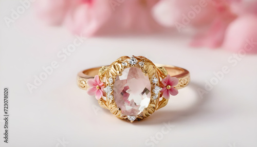 Gold ring with quartz, pink flower background