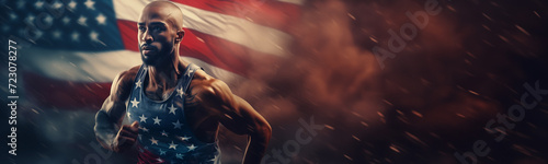 American athlete portrait with the United States of America flag. Conceptual USA patriot sports banner