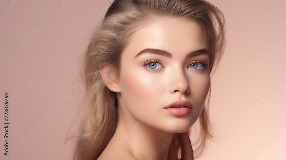 Portrait of beautiful half naked woman model with clean healthy facial skin on a pastel flat background Portrait of beautiful half naked woman model with clean healthy facial skin on a pastel flat background