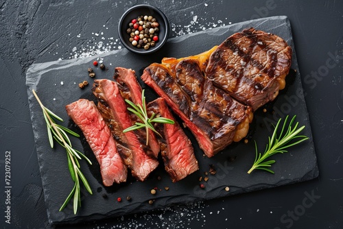 Barbecue aged wagyu porterhouse steak sliced as top view on a slate board, Beef T-Bone juicy steak rare beef with spices. Food recipe background.