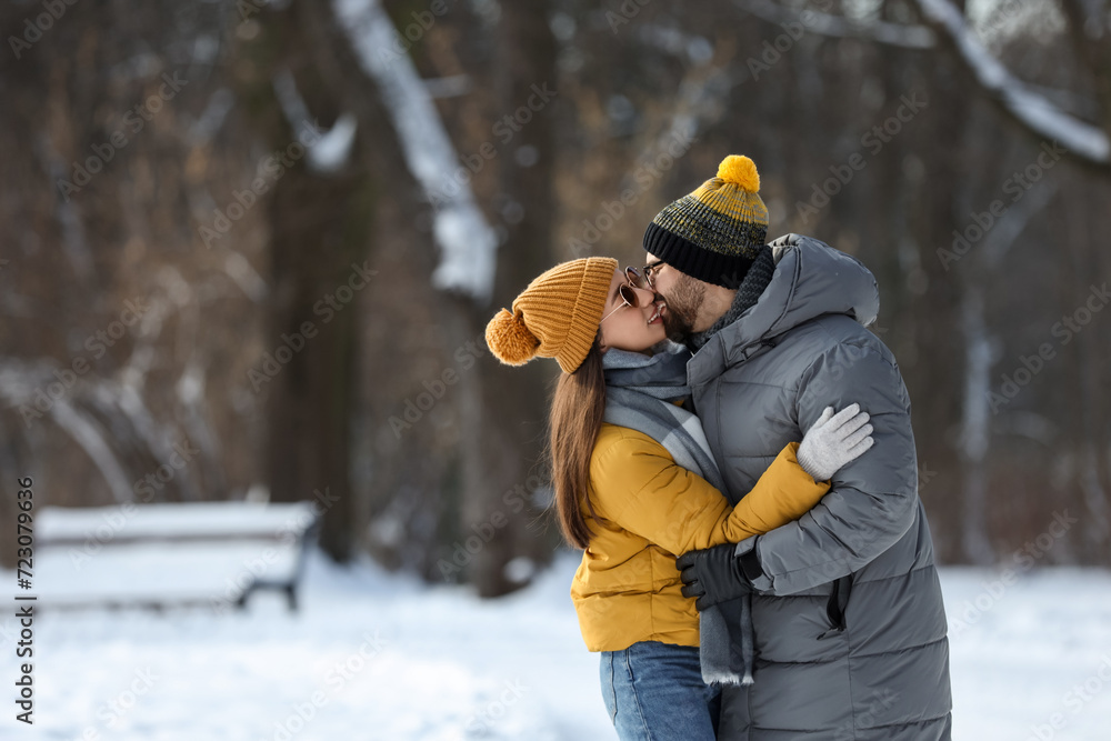 Beautiful happy couple outdoors on winter day. Space for text Beautiful happy couple outdoors on winter day. Space for text