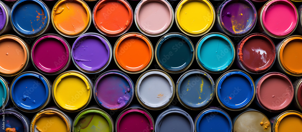 Colorful Array of Paint Cans Top View, Artistic Creativity and Home Improvement Concept Colorful Array of Paint Cans Top View, Artistic Creativity and Home Improvement Concept