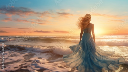 blonde woman wearing light blue dress walks on the beach , generated by AI