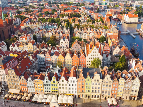 Aerial top view Historical Old City of Gdansk ,and Motlawa river, Poland at sunset. Also known as Danzig and the city of amber.St. Mary's Basilica- view of the old town- Gdansk, Poland.