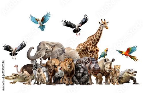 African savanna animals group, african cheetah, african buffalo, hippopotamus, african rhino, giraffe, baboon monkey, ostrich, zebra, colimajaro, 