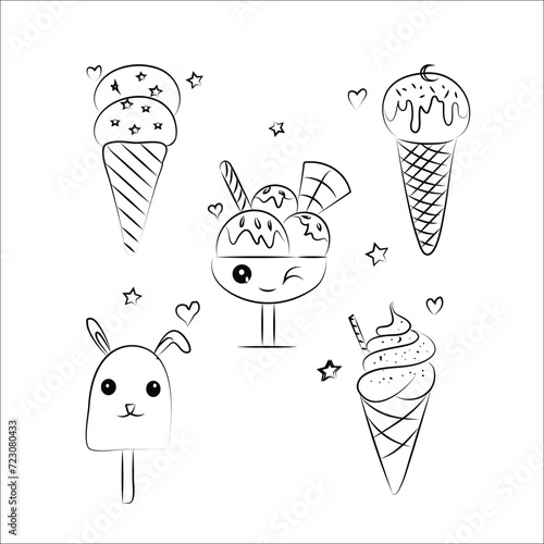 Hand drawn doodle with different ice cream types: waffle cone, cup ice cream, popsicle, sundae. Sketch style for cafe menu, card, birthday card decoration.