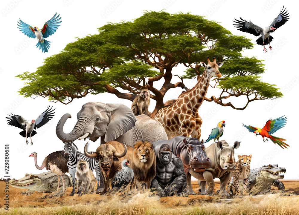 African savanna animals group, african cheetah, african buffalo ...