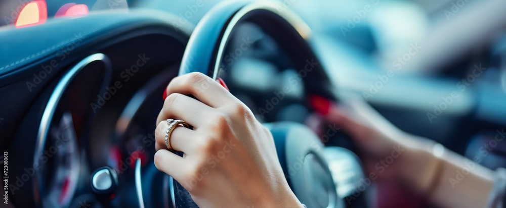 Female hands with red painted nails on the steering wheel, woman sitting in a car interior in black and red colors. Lady automobile driver, holding drivers wheel, controlling vehicle, turning, safety