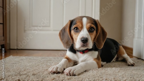 Tricolor beagle dog laying on the floor indoor