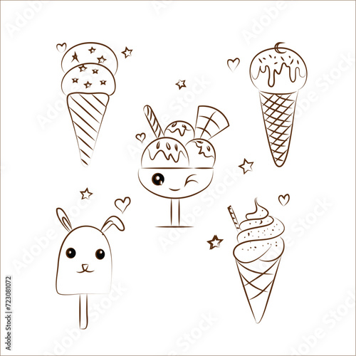 Ice cream . Collection of ice cream in a cup, in a waffle cone and popsicle in doodle style. 