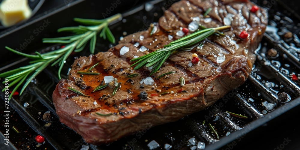 Beef steak with rosemary, black pepper, sea salt and butter on a grill pan Beef steak with rosemary, black pepper, sea salt and butter on a grill pan