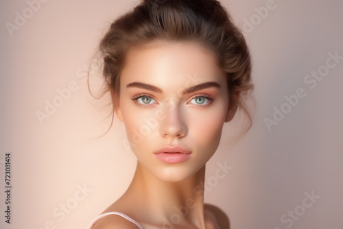 Portrait of beautiful half naked woman model with clean healthy facial skin on a pastel flat background