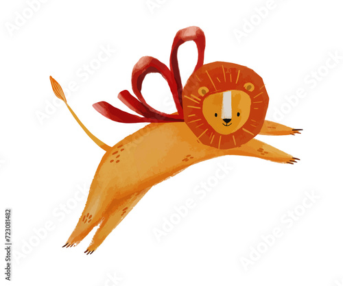 Cute little lion with a bow, Watercolor. Funny animal character illustrations for greeting card, invitation, banner, poster, textile © maria