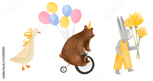 Happy birthday animal vector set. Cute bunny with flowers, goose, bear with balloons, Watercolor. Party funny animal character illustrations for greeting card, invitation, banner, poster, textile