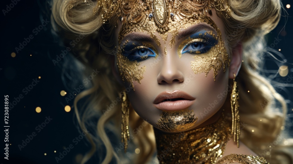 beautiful women, her face all covered in golden powder , generated by AI