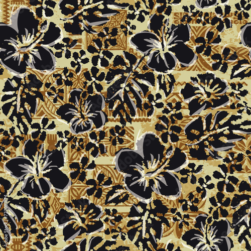 Grunge hibiscus flowers with tapa cloth background abstract vintage vector seamless pattern for fabric shirt towel tablecloth pillow wrapping