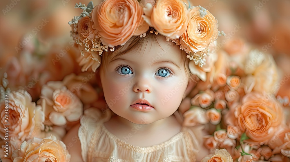 little girl in a wreath of peach flowers little girl in a wreath of peach flowers