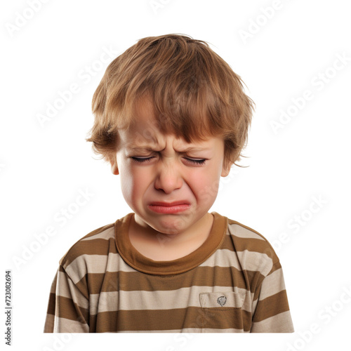 Portrait of a crying boy on a transparent background.