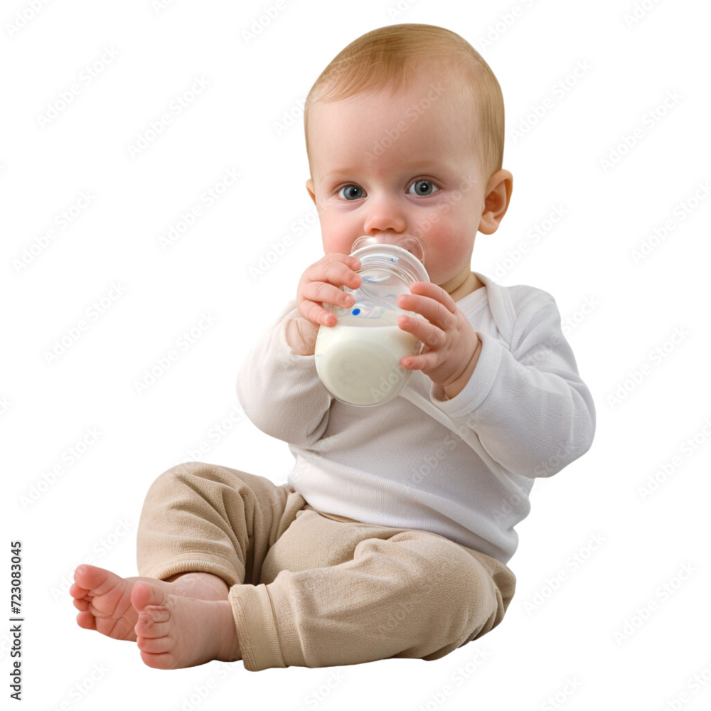 The baby child is drinking bottled milk on a transparent background. The baby child is drinking bottled milk on a transparent background.