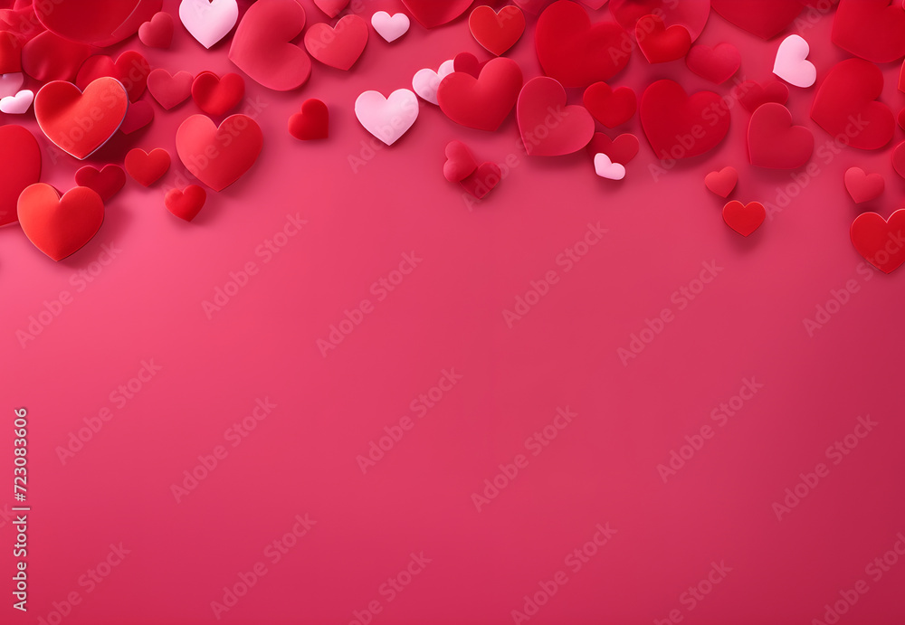 Valentine's Day banner. Frame with red hearts on pink background with copy space. Flay lay greeting card template for wedding, Women's Day, Mother's Day, invitation. Romantic love composition concept. Valentine's Day banner. Frame with red hearts on pink background with copy space. Flay lay greeting card template for wedding, Women's Day, Mother's Day, invitation. Romantic love composition concept.