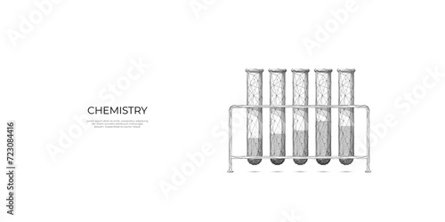 Abstract polygonal test tube rack isolated on white background. Chemical laboratory low poly sketch. Science and chemistry concept. Glass lab flask for medicine. Polygonal 3D vector illustration.