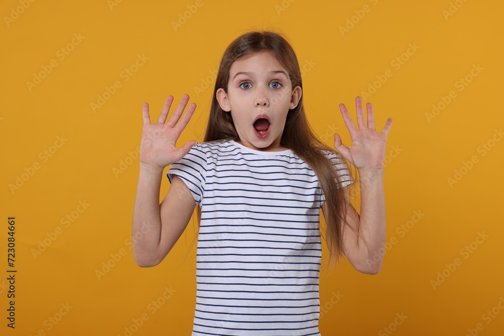 Portrait of surprised girl on yellow background Portrait of surprised girl on yellow background