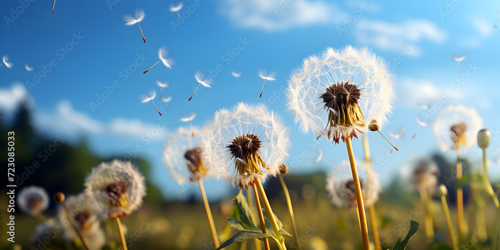 White dandelion puffs flying to blue sky