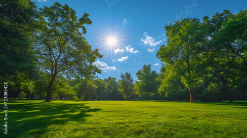 beautiful sunny summer park in summer with trees