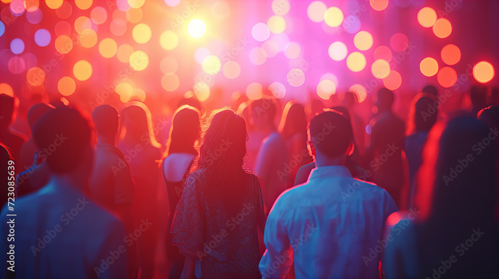 Crowd Enjoying Live Music Concert, vibrant crowd gathered at a live music event, bathed in the colorful glow of stage lights, embodying the excitement of a concert atmosphere Crowd Enjoying Live Music Concert, vibrant crowd gathered at a live music event, bathed in the colorful glow of stage lights, embodying the excitement of a concert atmosphere
