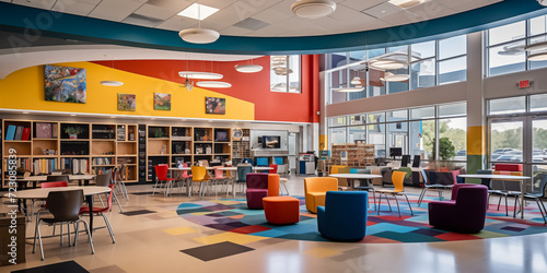 Modern and vibrant school library with colorful furniture and bright decor photo