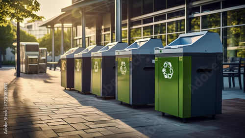 Modern public recycling bins lined up on an urban street