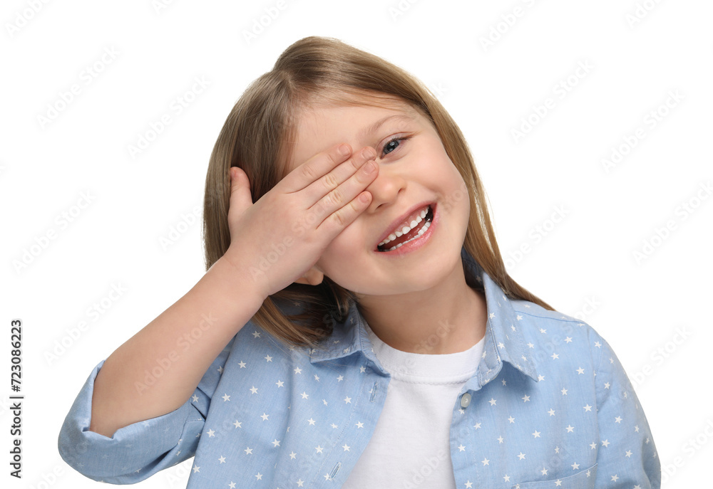 Little girl covering her eye on white background Little girl covering her eye on white background
