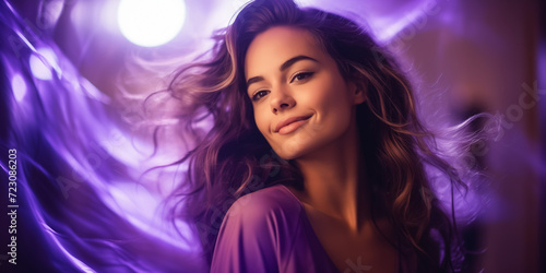 Portrait of a young woman with dynamic purple lighting